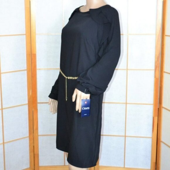 NWT Chaps Black Ruffle Sleeve Classic Minimalist Modest Shift Tent Dress M-L 12 - Picture 3 of 5